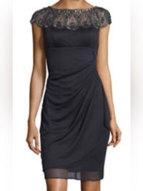 Xscape Navy Beaded Illusion Yoke Cocktail Dress
